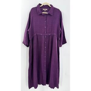 Flax 100% Linen Plum Purple Long Sleeve Button Down Dress Large NWT